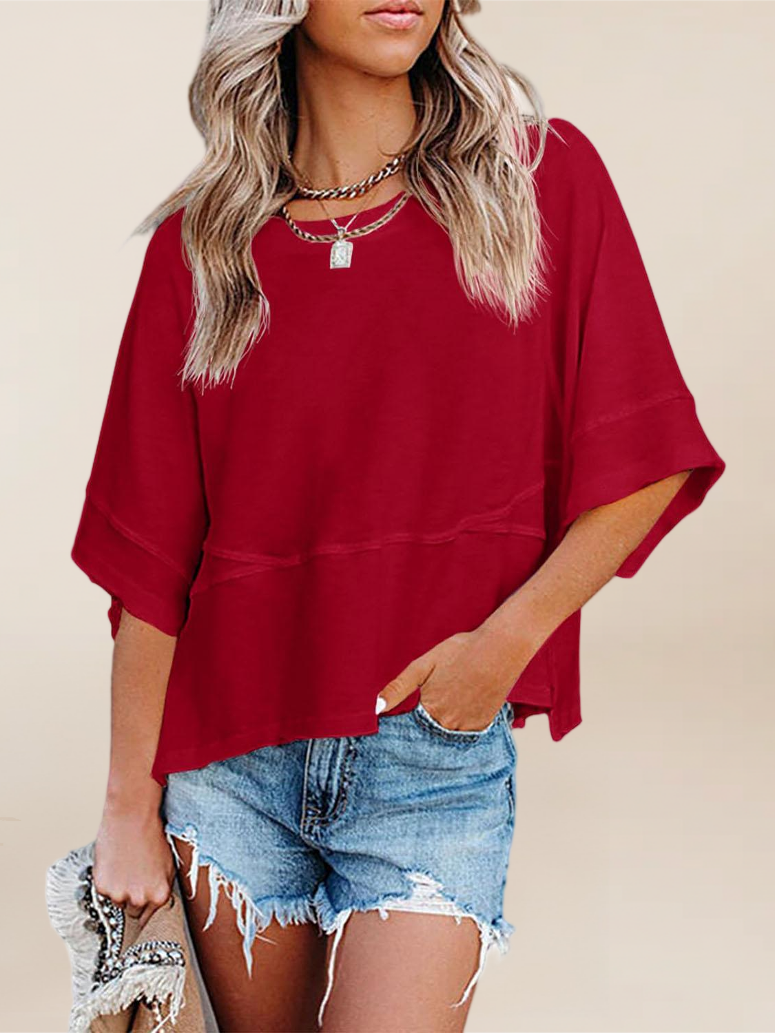 Imily Bela Womens Oversized T Shirts Summer Casual Crewneck 3/4 Sleeve Loose Fit Cute Flowy Tops