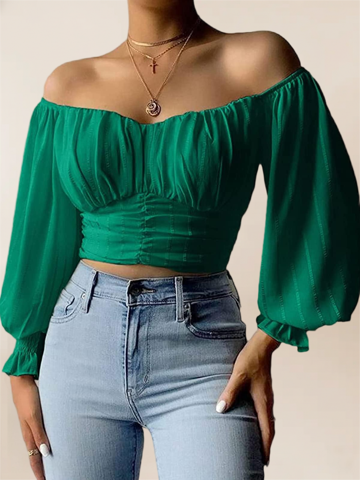 Imily Bela Womens Elegant Off The Shoulder Puff Sleeve Blouse Summer Chiffon Slim Fit Party Crop Top