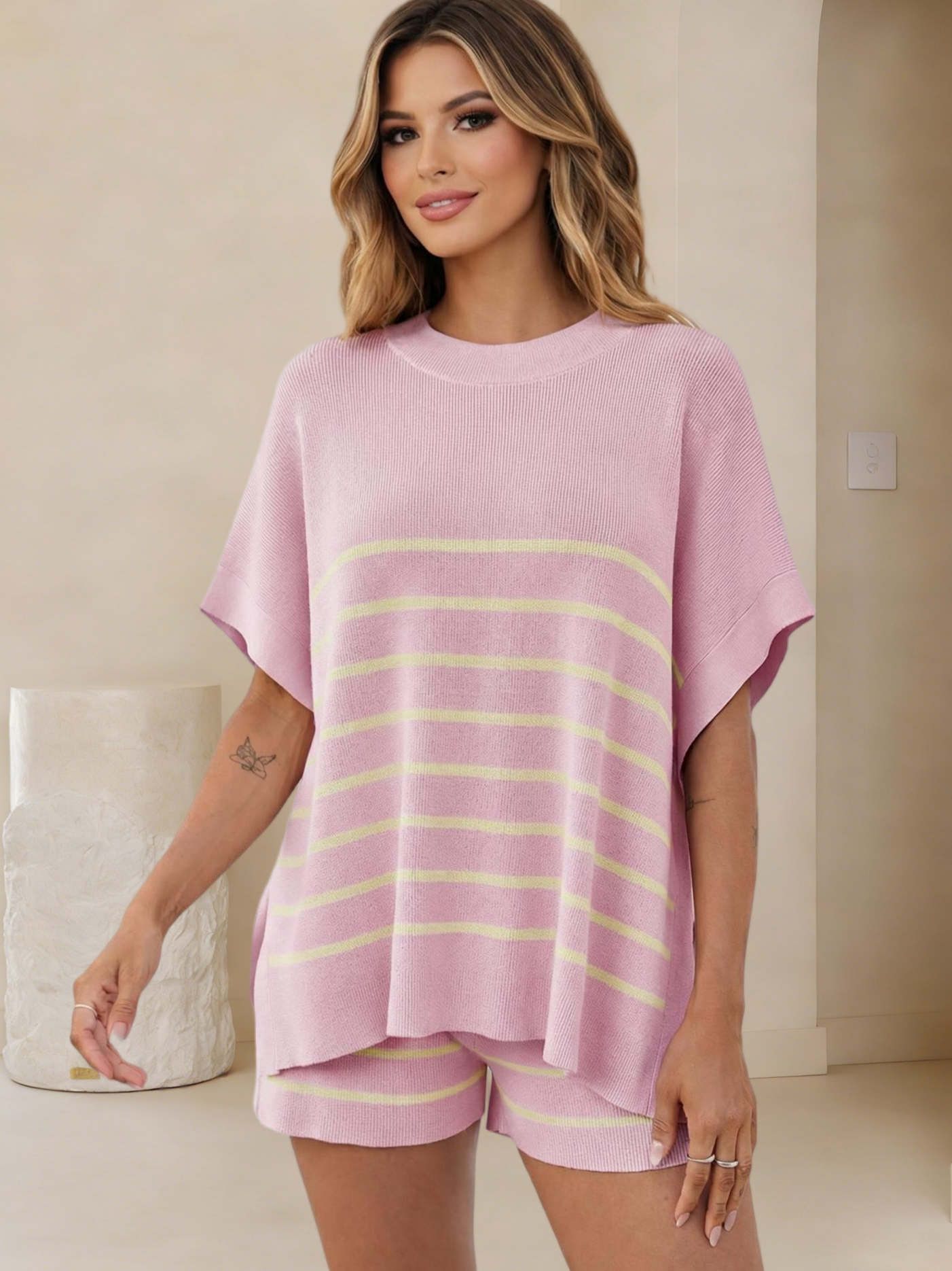 Imily Bela Women's Striped 2 Piece Outfits Oversized Batwing Short Sleeve Tops High Waisted Shorts Summer Knit Lounge Short Sets