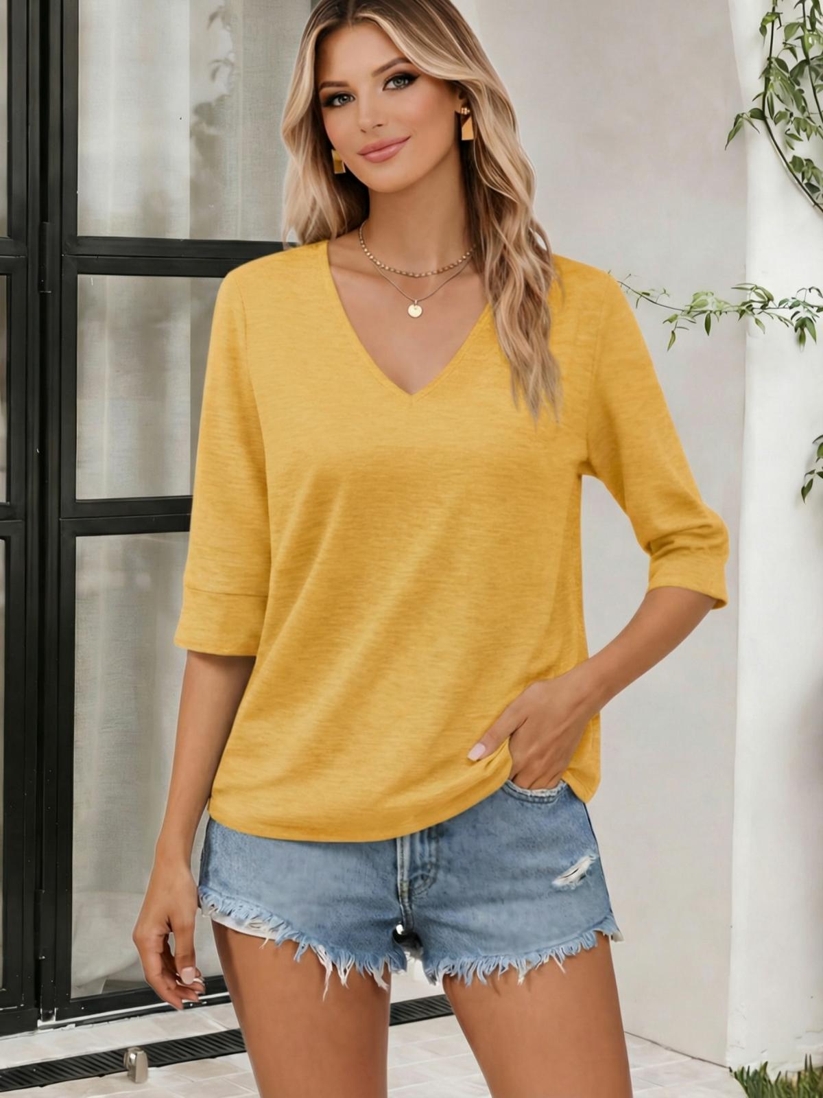 Imily Bela Women Fashion Half Sleeve V-Neck T-Shirt Solid Loose Basic Tops