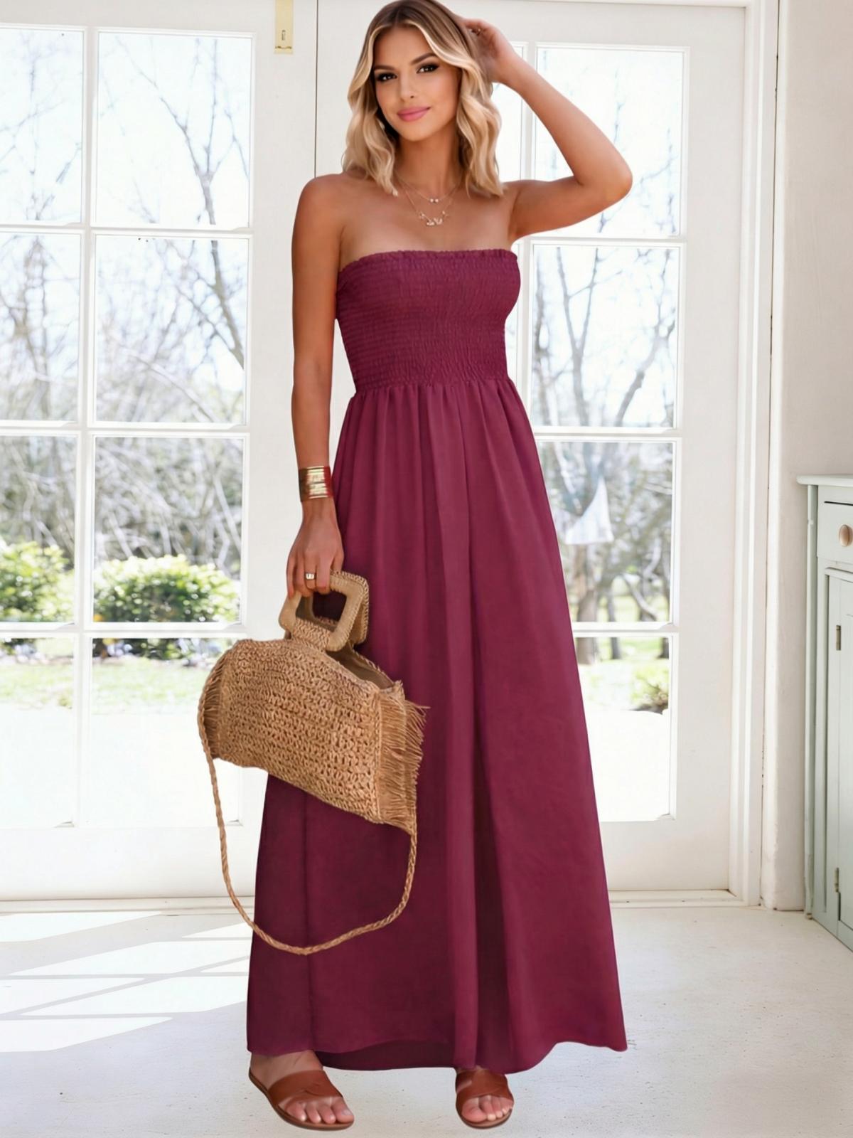 Imily Bela Womens Sleeveless Strapless Wide Leg Jumpsuits Summer Casual Loose Smocked Chiffon Jumpsuit Rompers with Pockets