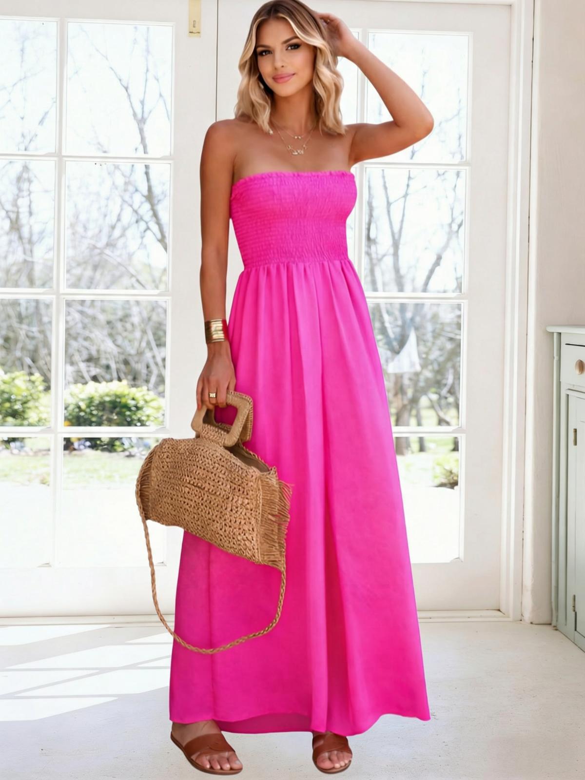 Imily Bela Womens Sleeveless Strapless Wide Leg Jumpsuits Summer Casual Loose Smocked Chiffon Jumpsuit Rompers with Pockets