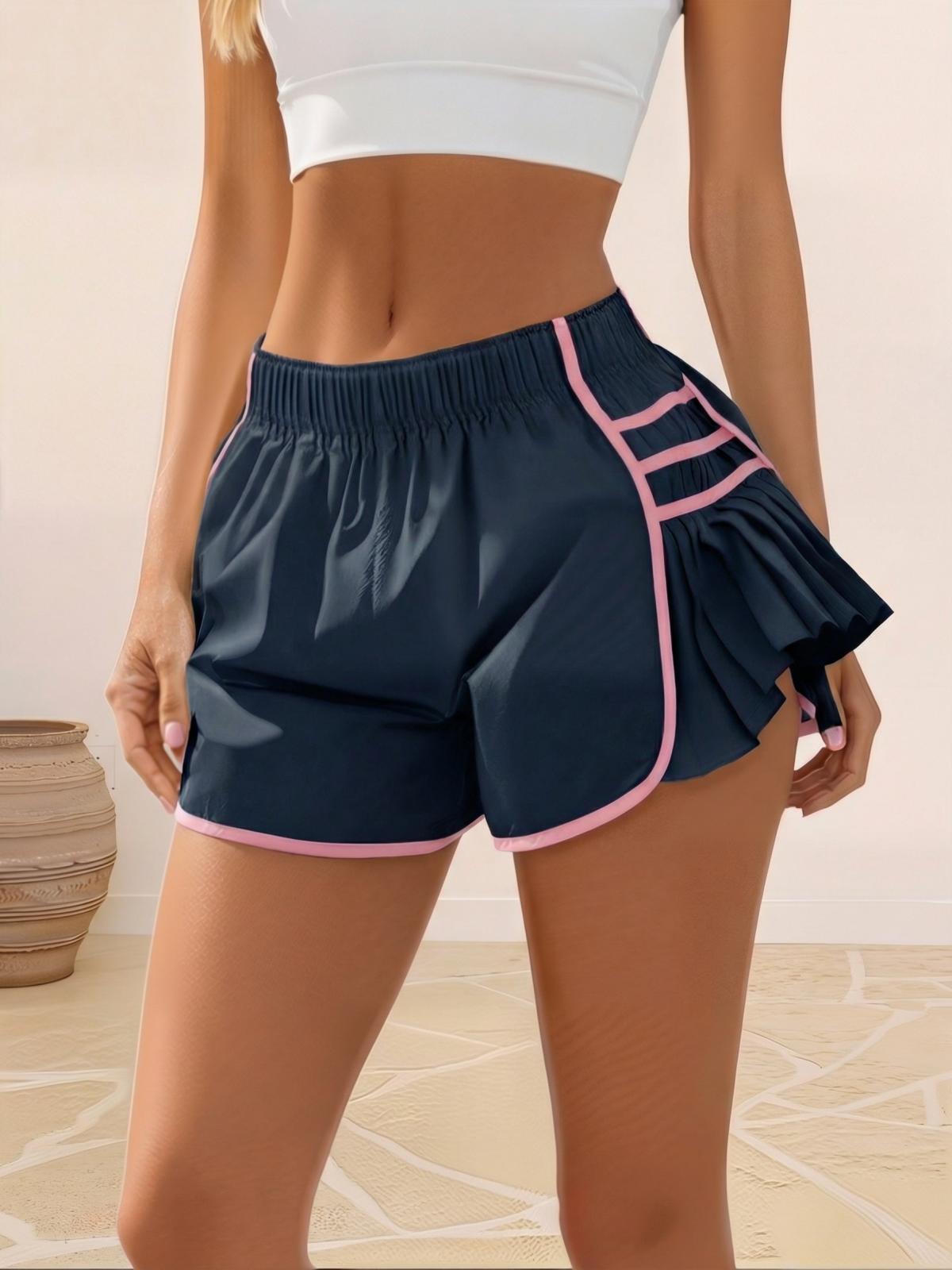 Imily Bela Womens Workout Gym Shorts Running Pleated Contrast Stitch Elastic Waist Athletic Quick Dry Shorts