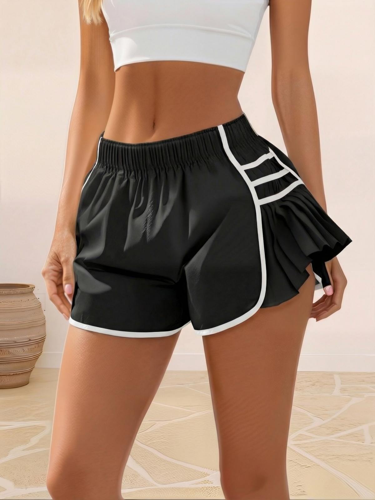 Imily Bela Womens Workout Gym Shorts Running Pleated Contrast Stitch Elastic Waist Athletic Quick Dry Shorts