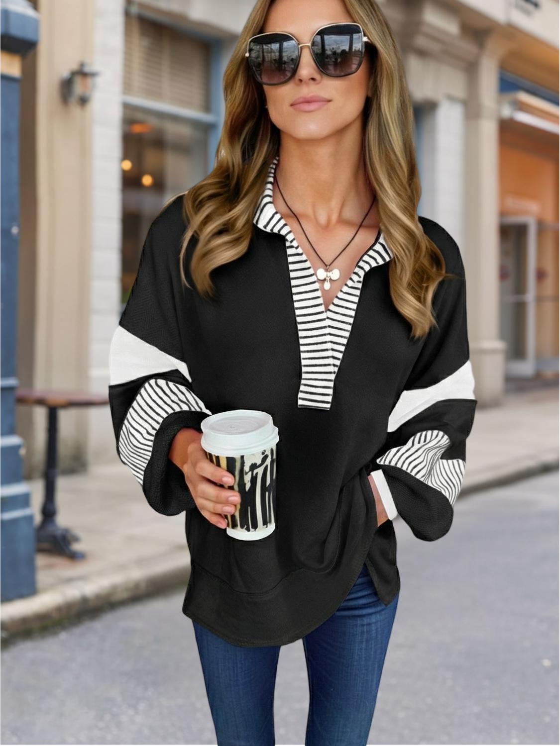 Imily Bela Womens Color Block Oversized Sweatshirt Polo V Neck Long Sleeve Shirts Casual Loose Pullover Tops