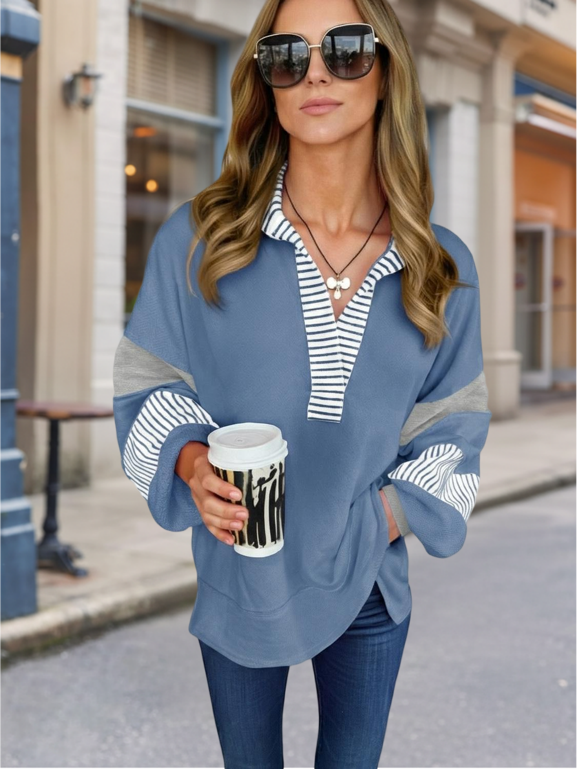 Imily Bela Womens Color Block Oversized Sweatshirt Polo V Neck Long Sleeve Shirts Casual Loose Pullover Tops