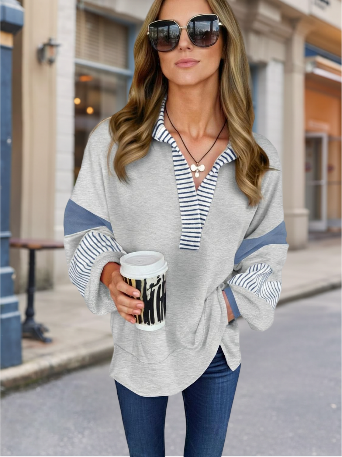 Imily Bela Womens Color Block Oversized Sweatshirt Polo V Neck Long Sleeve Shirts Casual Loose Pullover Tops