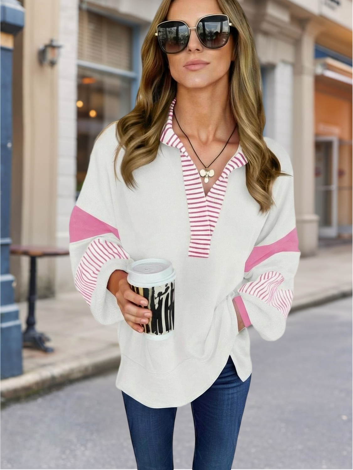 Imily Bela Womens Color Block Oversized Sweatshirt Polo V Neck Long Sleeve Shirts Casual Loose Pullover Tops