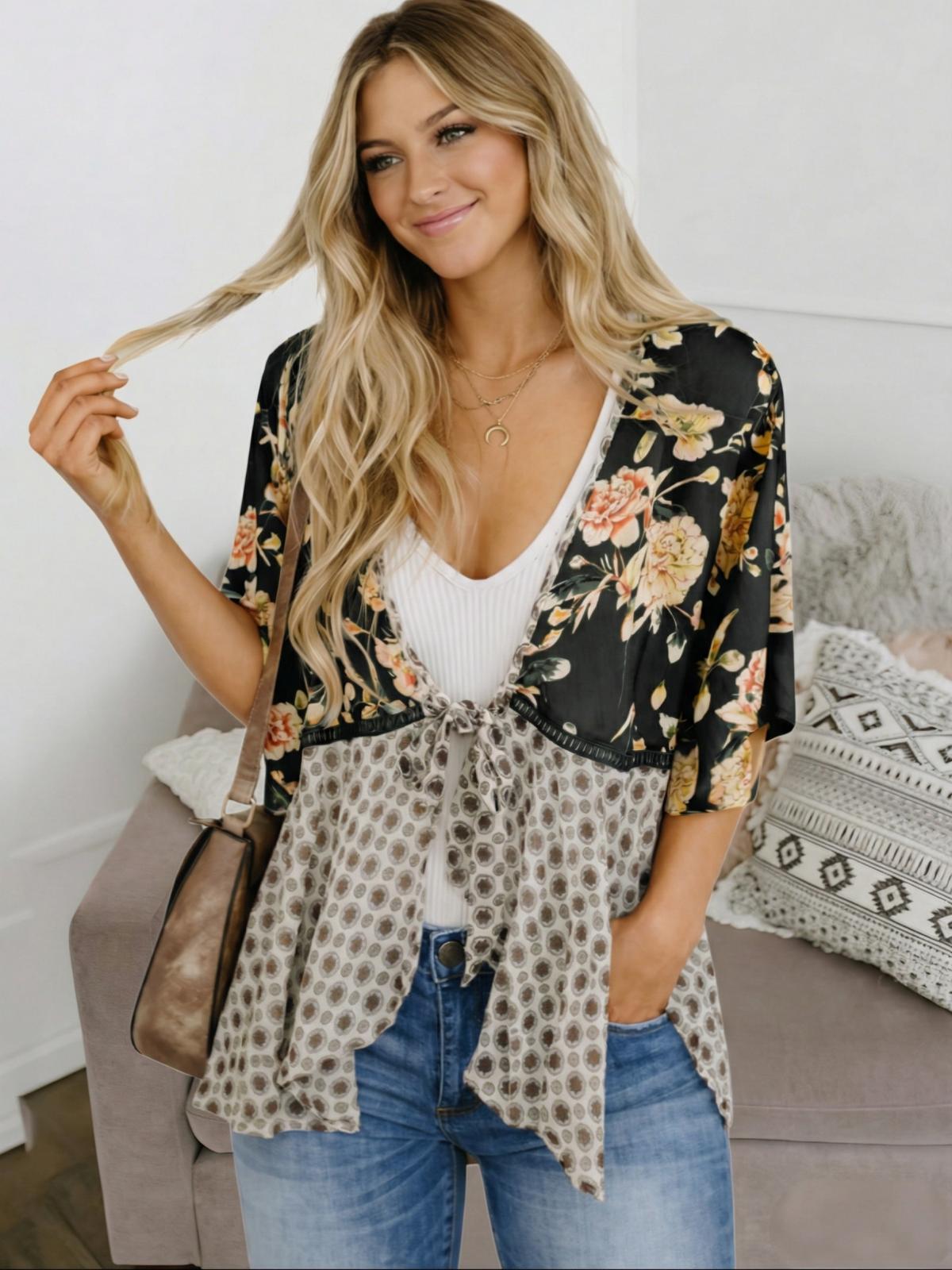 Imily Bela Women Floral Kimono Cardigans 3/4 Ruffle Sleeve Lightweight Patchwork Flowy Boho Tie Loose Cover Ups