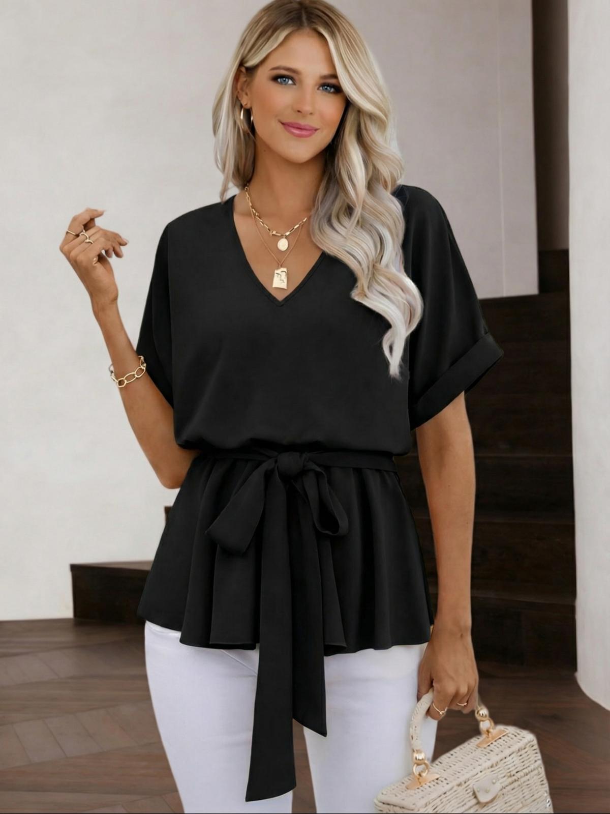 Imily Bela Womens V Neck Blouse Short Sleeve Belted Casual T-Shirts Basic Tee Tops