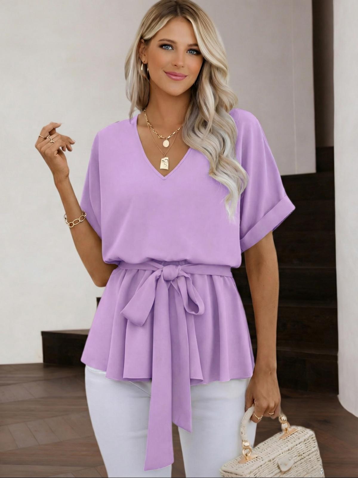 Imily Bela Womens V Neck Blouse Short Sleeve Belted Casual T-Shirts Basic Tee Tops