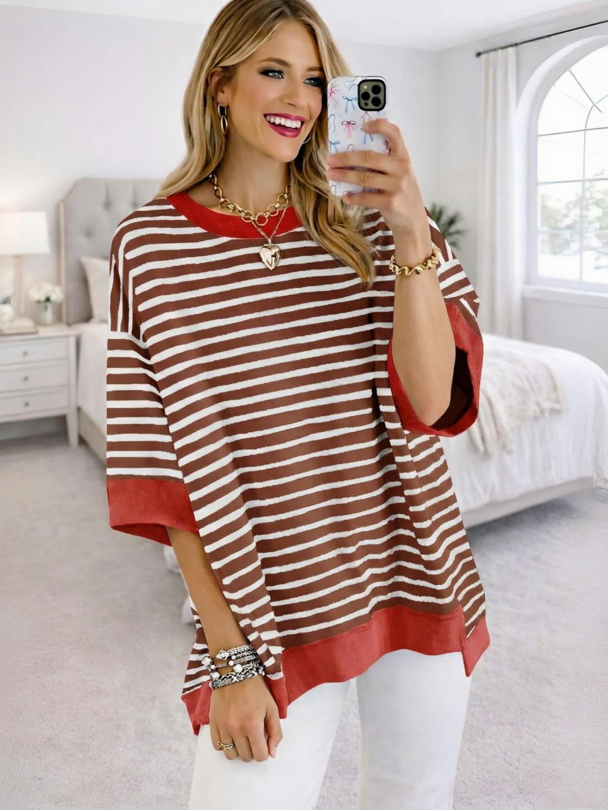 Imily Bela Womens Oversized T Shirts Striped Color Block Cotton Tops Summer Casual Half Sleeve Loose Fit Crewneck Sweatshirts
