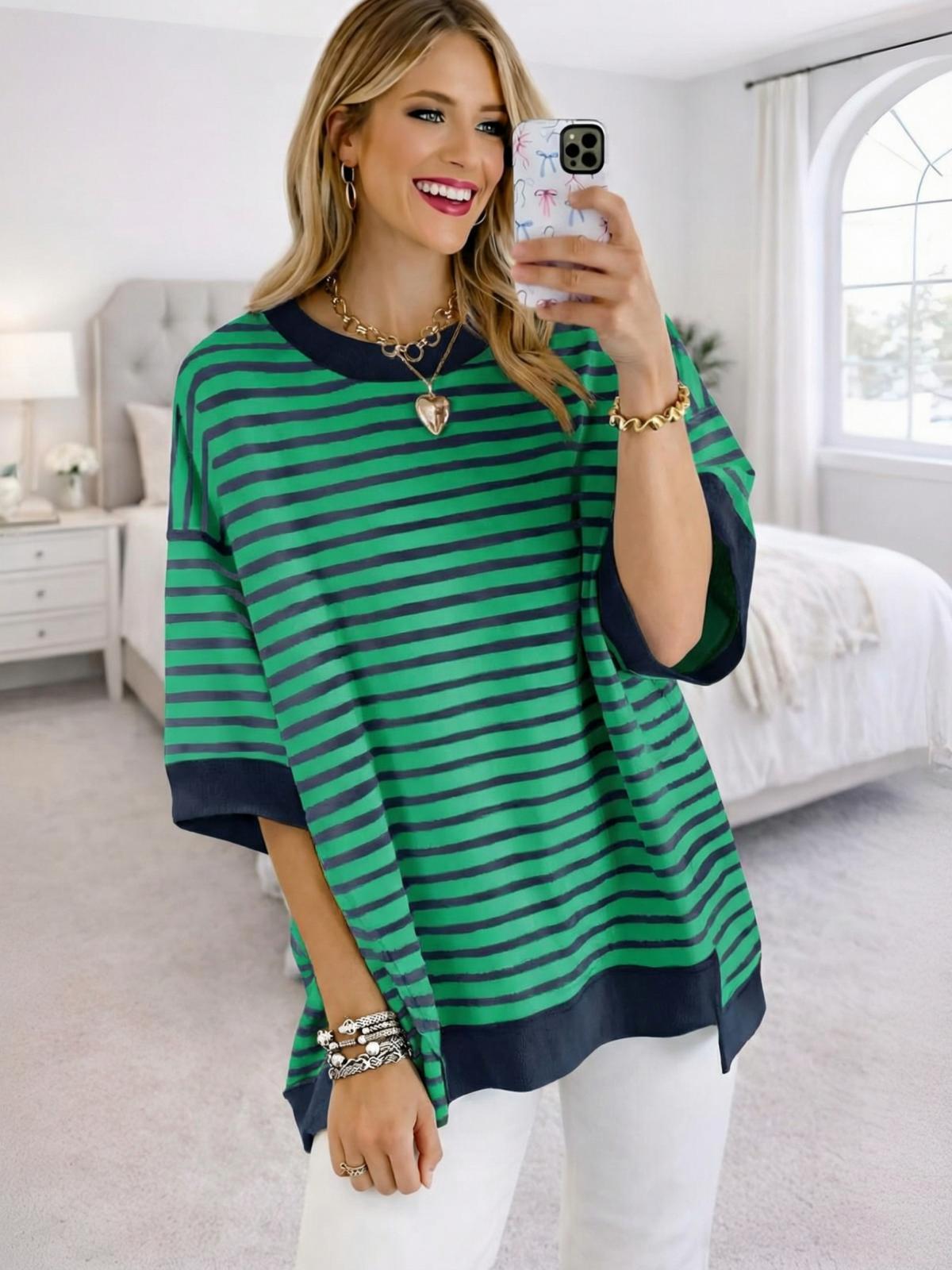 Imily Bela Womens Oversized T Shirts Striped Color Block Cotton Tops Summer Casual Half Sleeve Loose Fit Crewneck Sweatshirts
