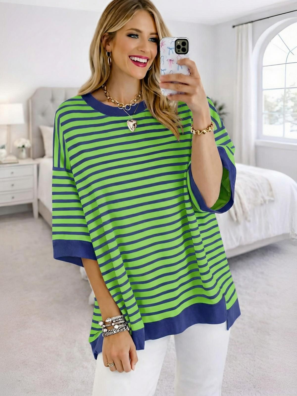 Imily Bela Womens Oversized T Shirts Striped Color Block Cotton Tops Summer Casual Half Sleeve Loose Fit Crewneck Sweatshirts