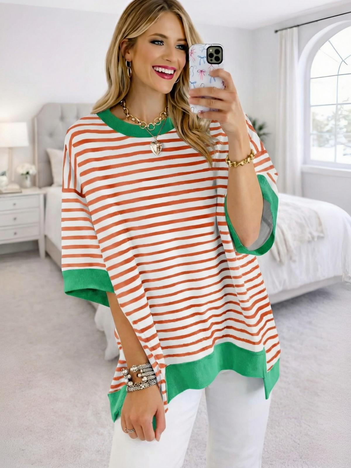 Imily Bela Womens Oversized T Shirts Striped Color Block Cotton Tops Summer Casual Half Sleeve Loose Fit Crewneck Sweatshirts