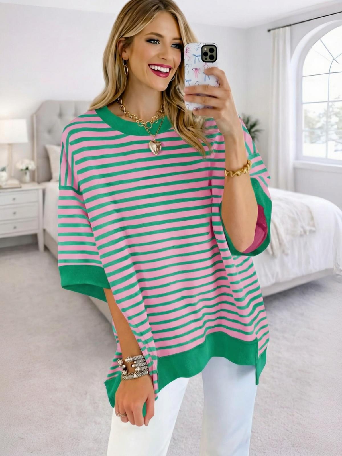 Imily Bela Womens Oversized T Shirts Striped Color Block Cotton Tops Summer Casual Half Sleeve Loose Fit Crewneck Sweatshirts