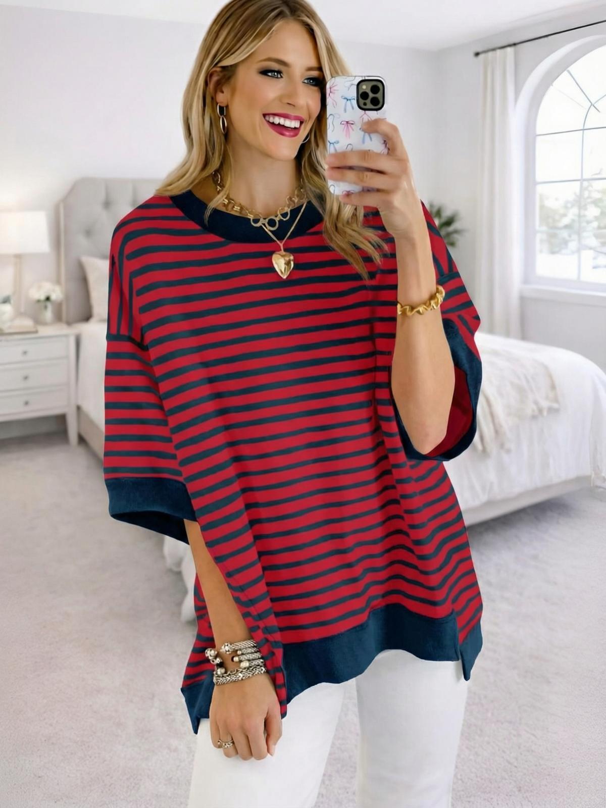Imily Bela Womens Oversized T Shirts Striped Color Block Cotton Tops Summer Casual Half Sleeve Loose Fit Crewneck Sweatshirts