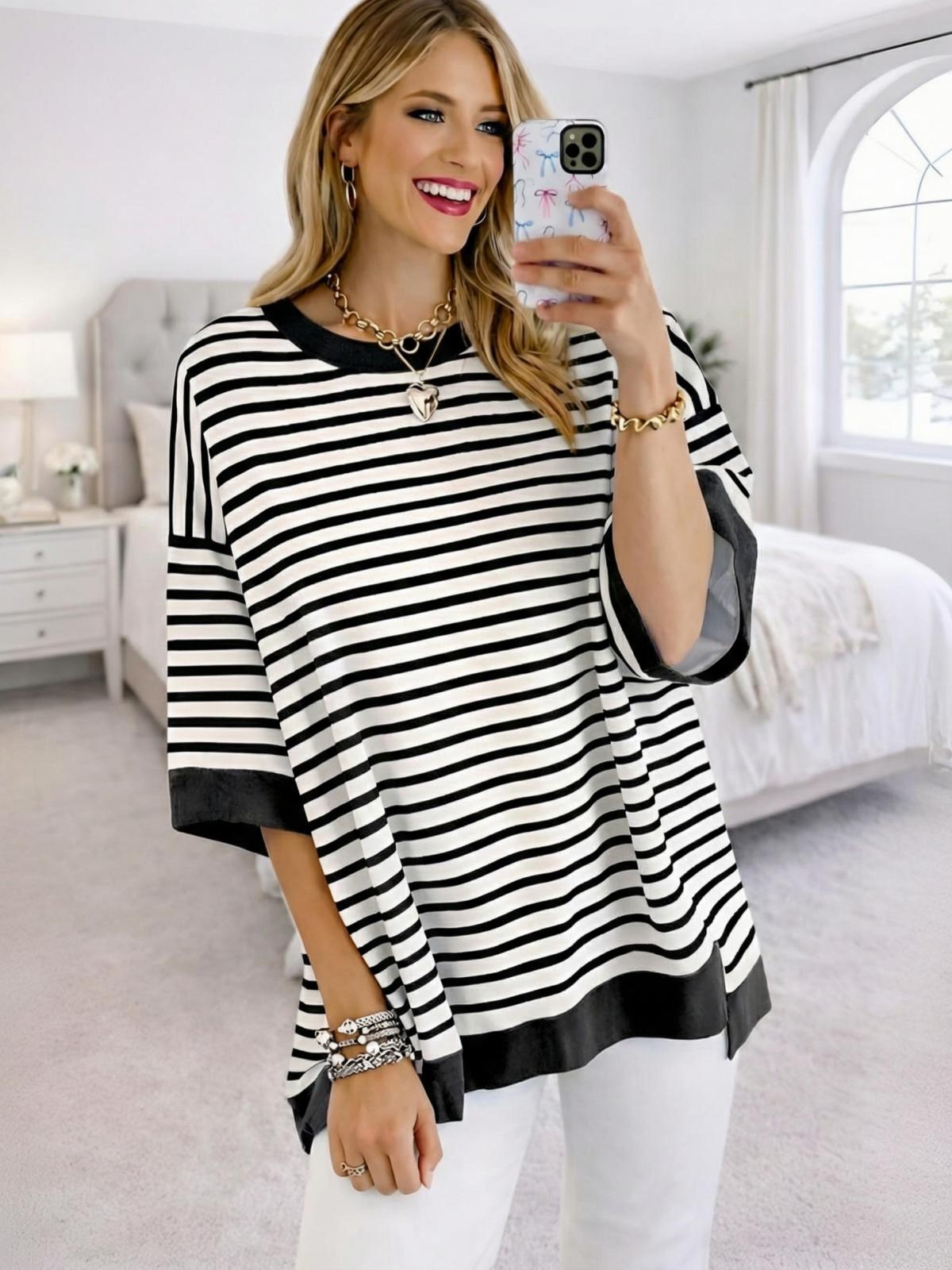 Imily Bela Womens Oversized T Shirts Striped Color Block Cotton Tops Summer Casual Half Sleeve Loose Fit Crewneck Sweatshirts