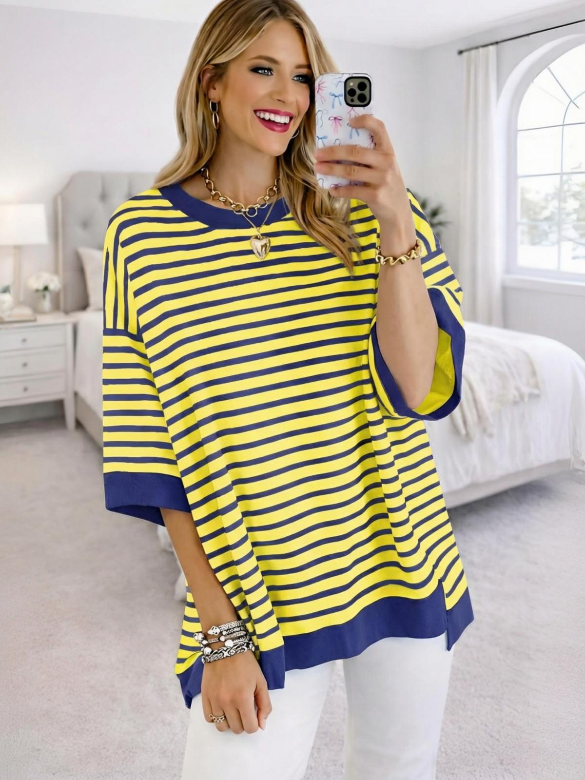 Imily Bela Womens Oversized T Shirts Striped Color Block Cotton Tops Summer Casual Half Sleeve Loose Fit Crewneck Sweatshirts