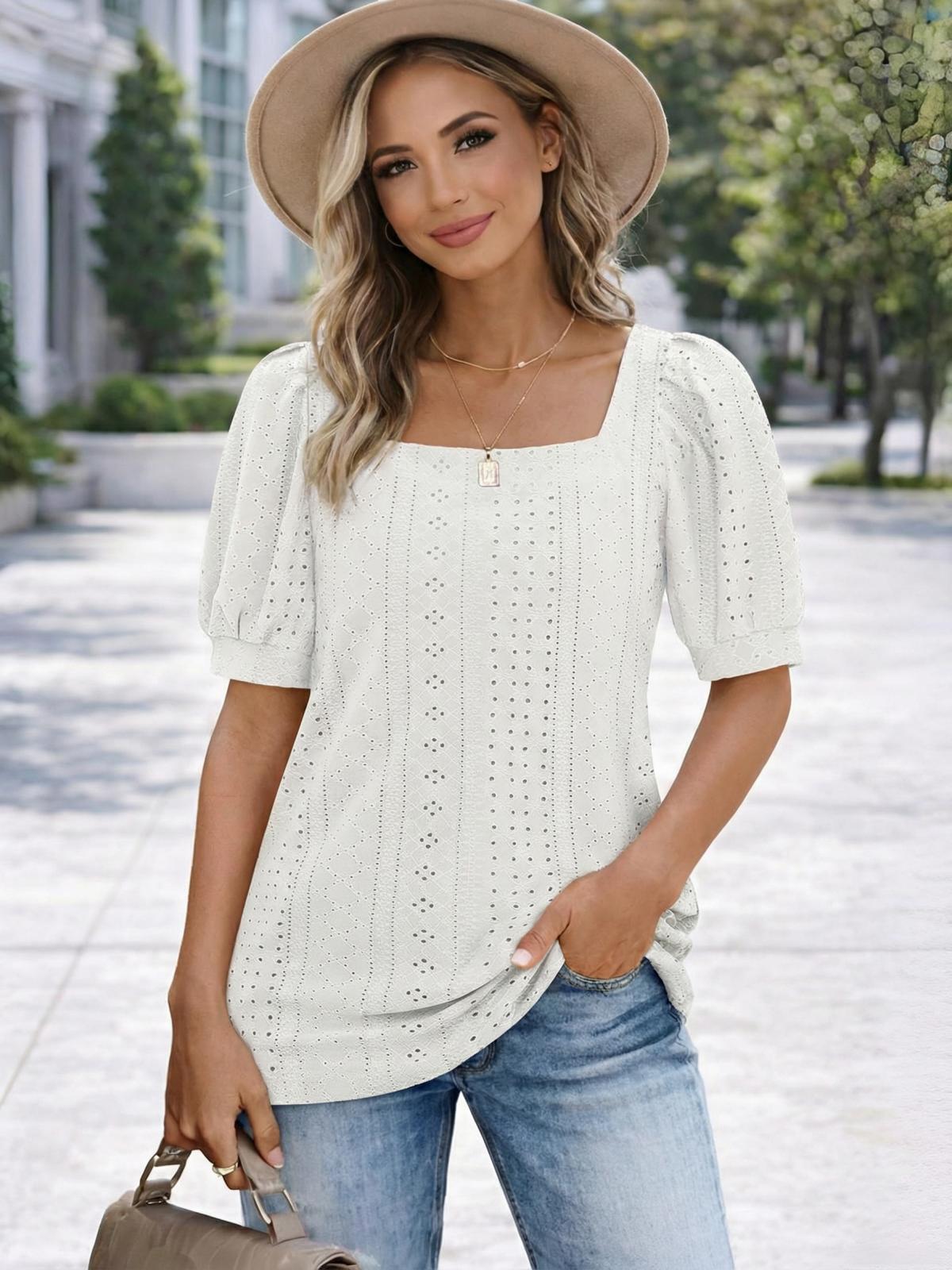 Imily Bela Womens Summer Tops Square Neck Short Sleeve Tunic Tops Fit Style Eyelet T-Shirts