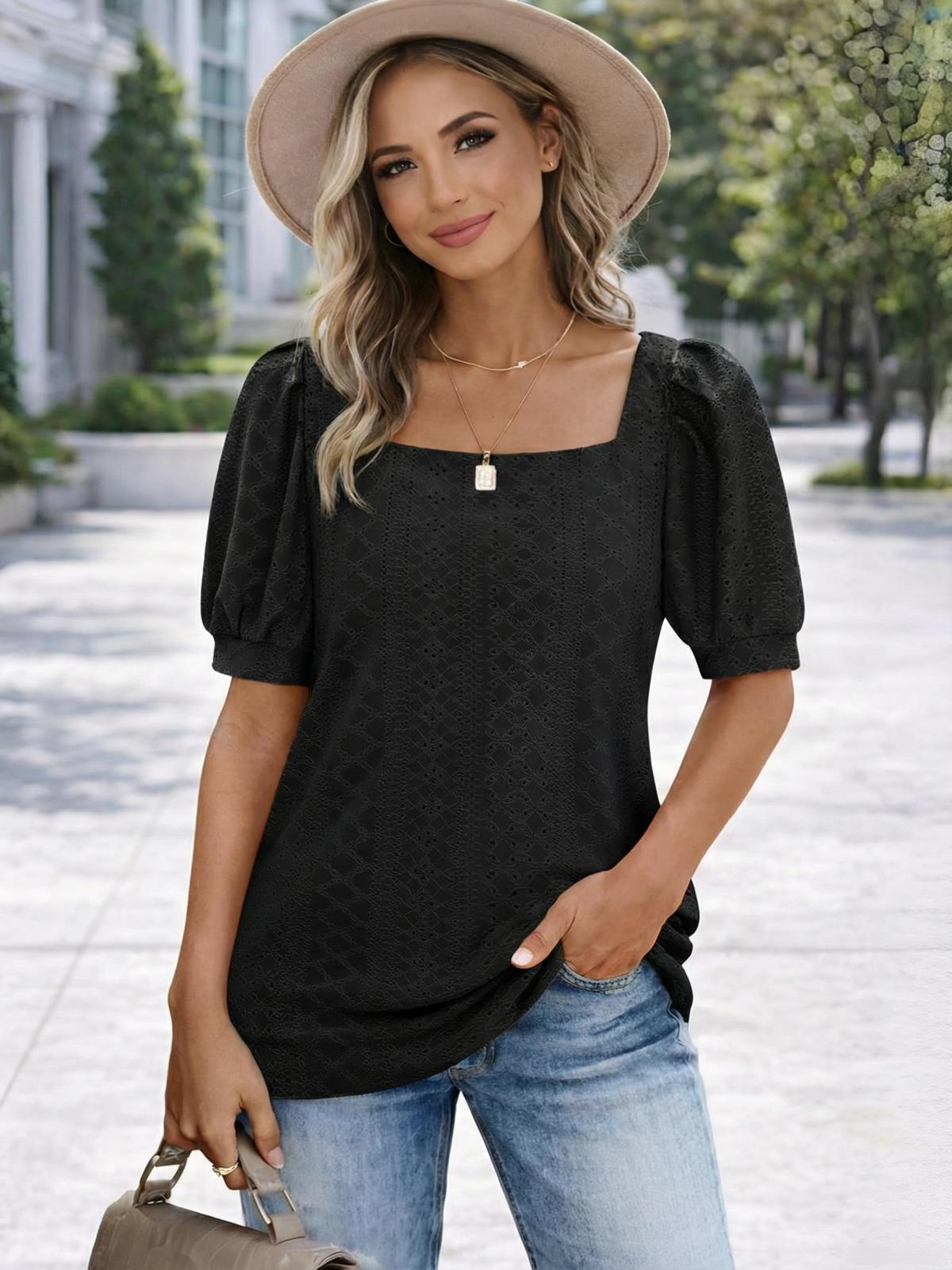 Imily Bela Womens Summer Tops Square Neck Short Sleeve Tunic Tops Fit Style Eyelet T-Shirts