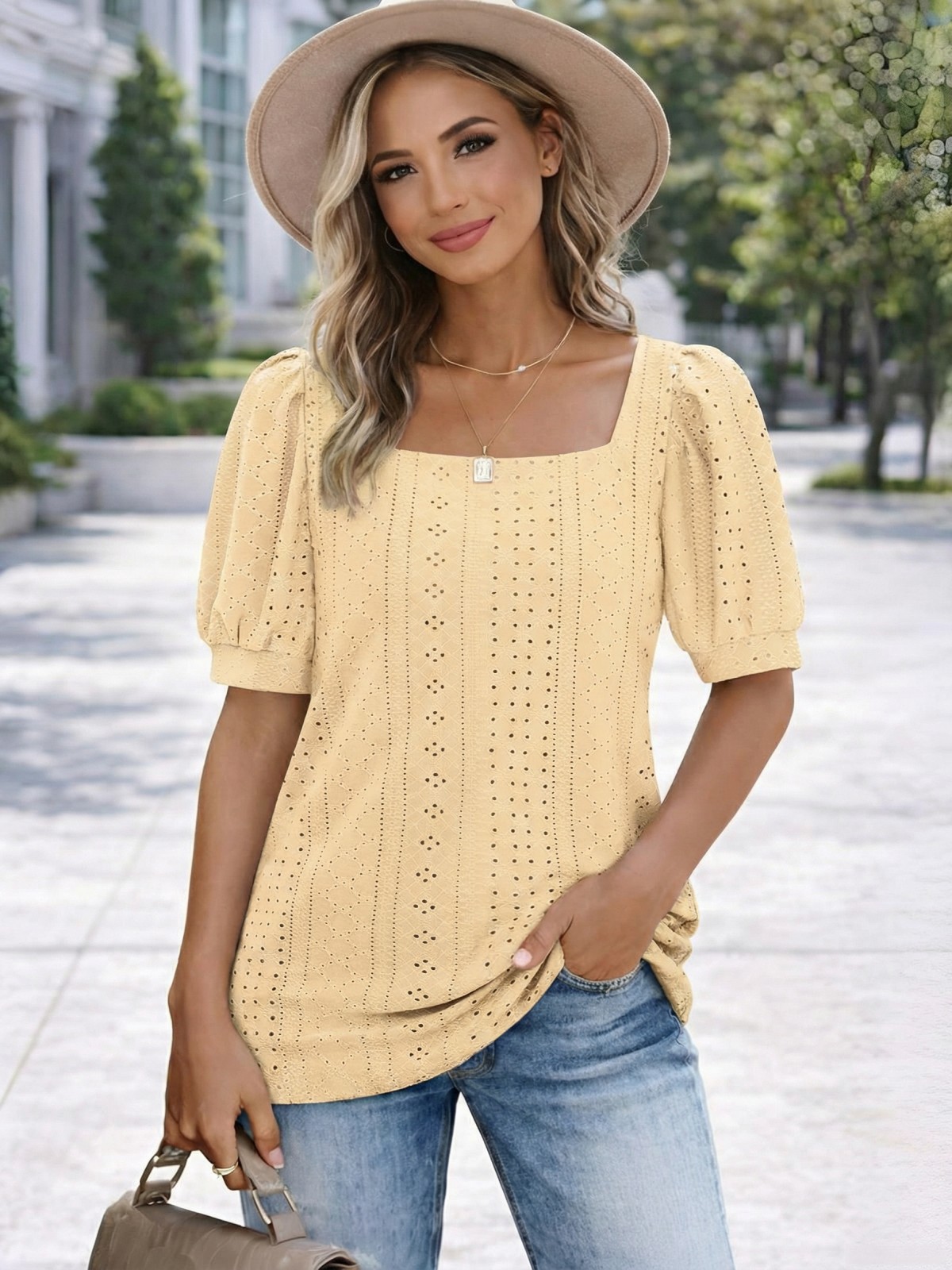 Imily Bela Womens Summer Tops Square Neck Short Sleeve Tunic Tops Fit Style Eyelet T-Shirts