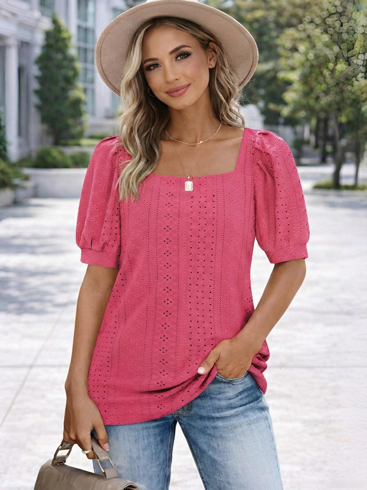 Imily Bela Womens Summer Tops Square Neck Short Sleeve Tunic Tops Fit Style Eyelet T-Shirts