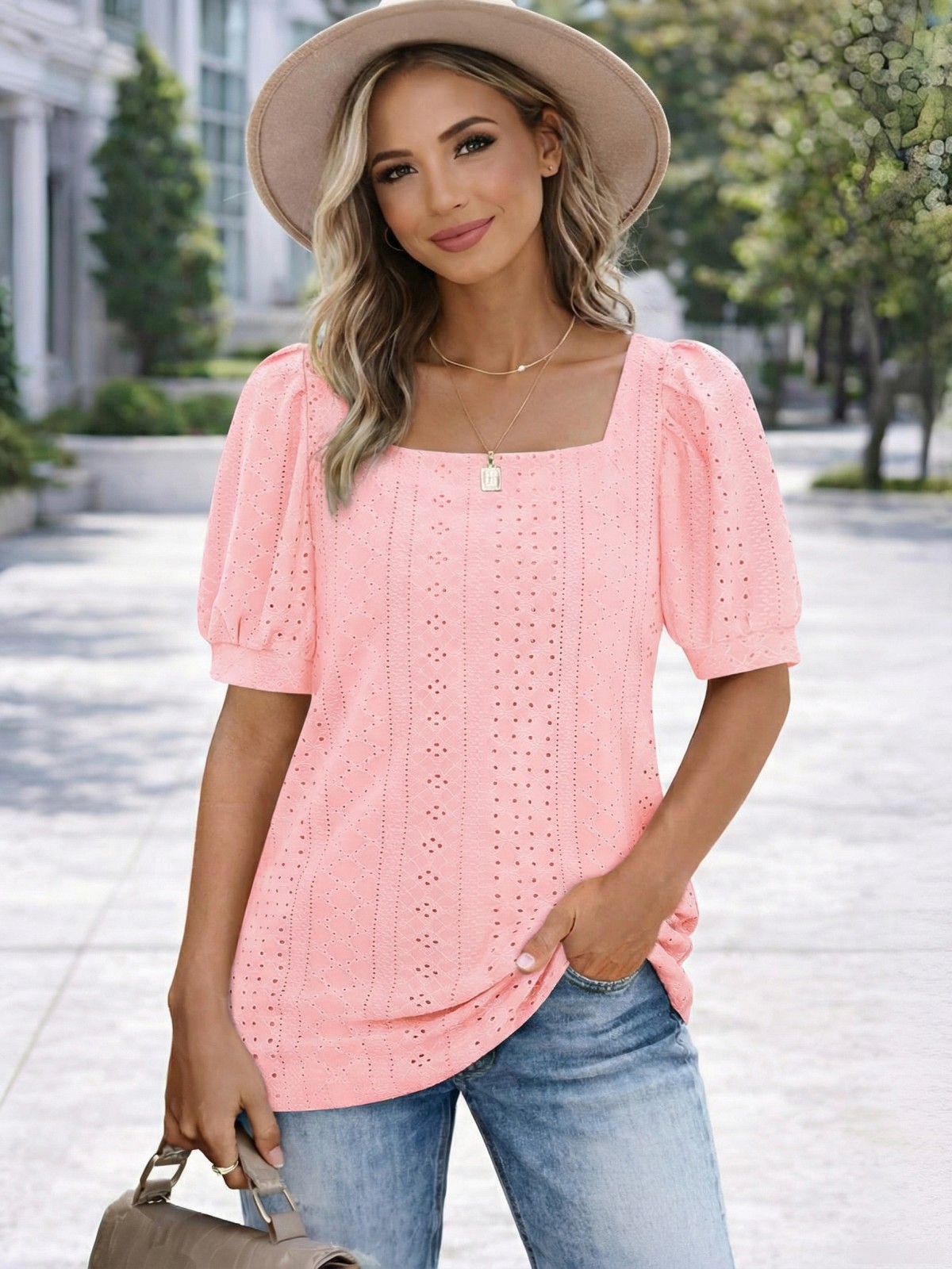 Imily Bela Womens Summer Tops Square Neck Short Sleeve Tunic Tops Fit Style Eyelet T-Shirts