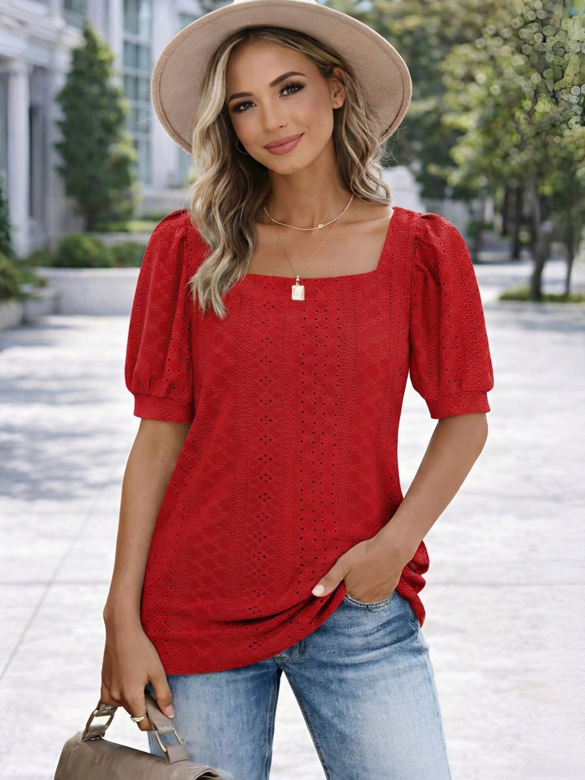 Imily Bela Womens Summer Tops Square Neck Short Sleeve Tunic Tops Fit Style Eyelet T-Shirts