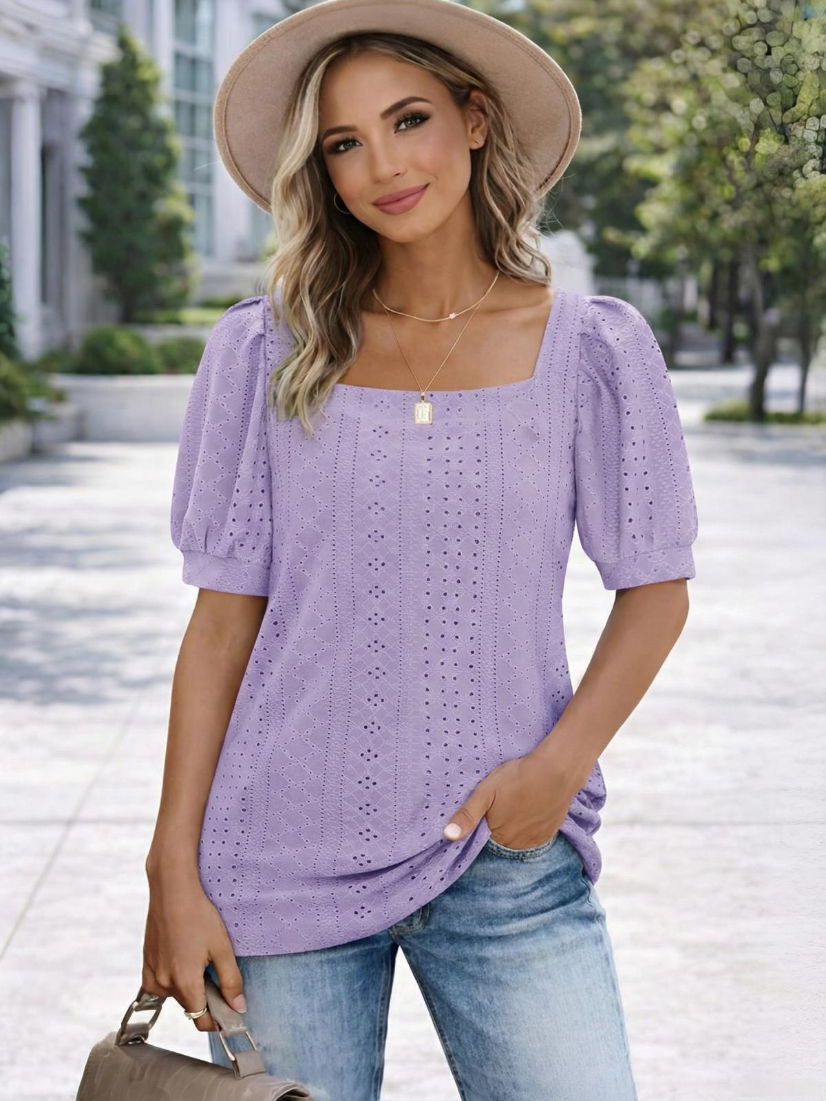 Imily Bela Womens Summer Tops Square Neck Short Sleeve Tunic Tops Fit Style Eyelet T-Shirts