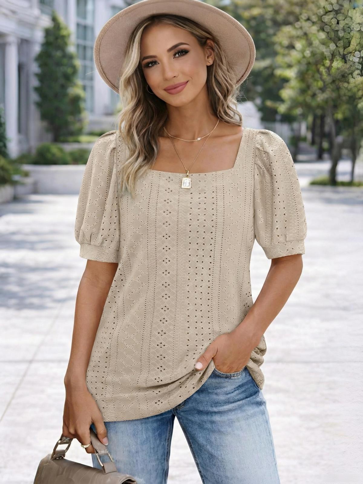 Imily Bela Womens Summer Tops Square Neck Short Sleeve Tunic Tops Fit Style Eyelet T-Shirts