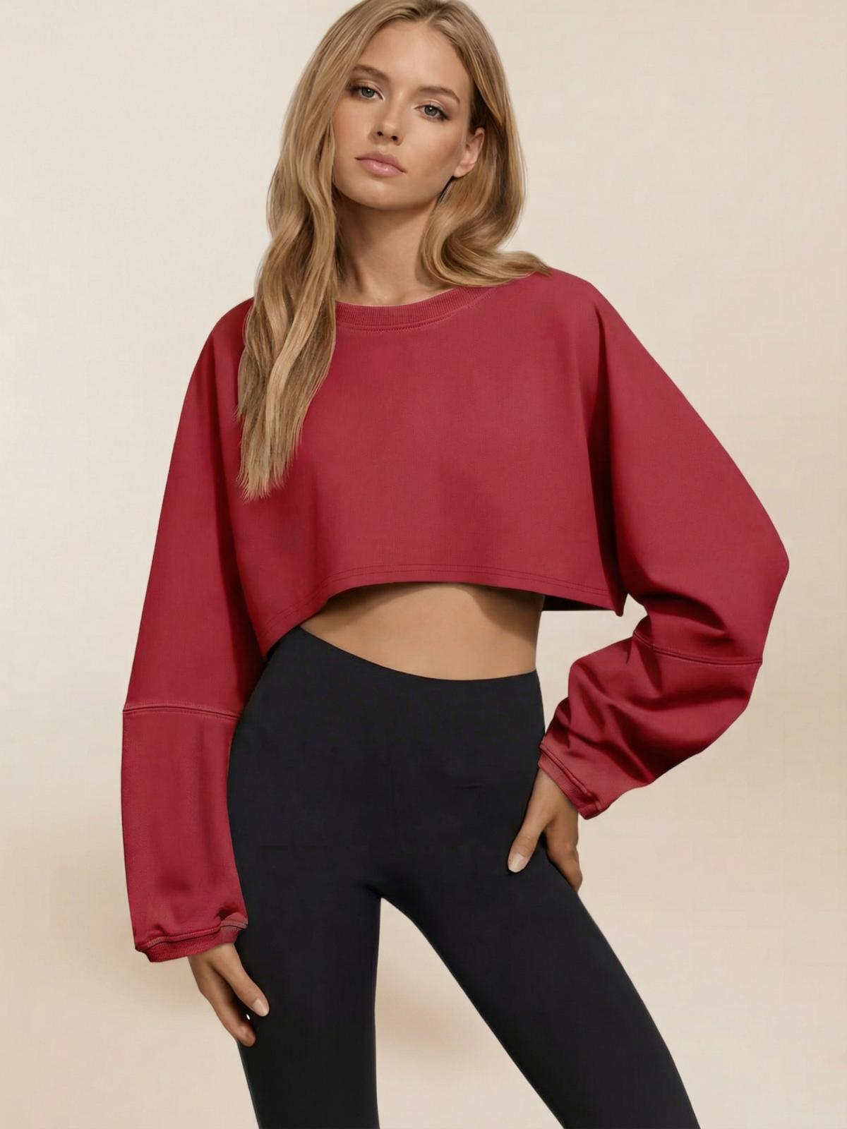 Imily Bela Womens Long Ballon Sleeve Sweatshirts Tops Cropped Crew Neck Loose Fit Casual Workout Shirts