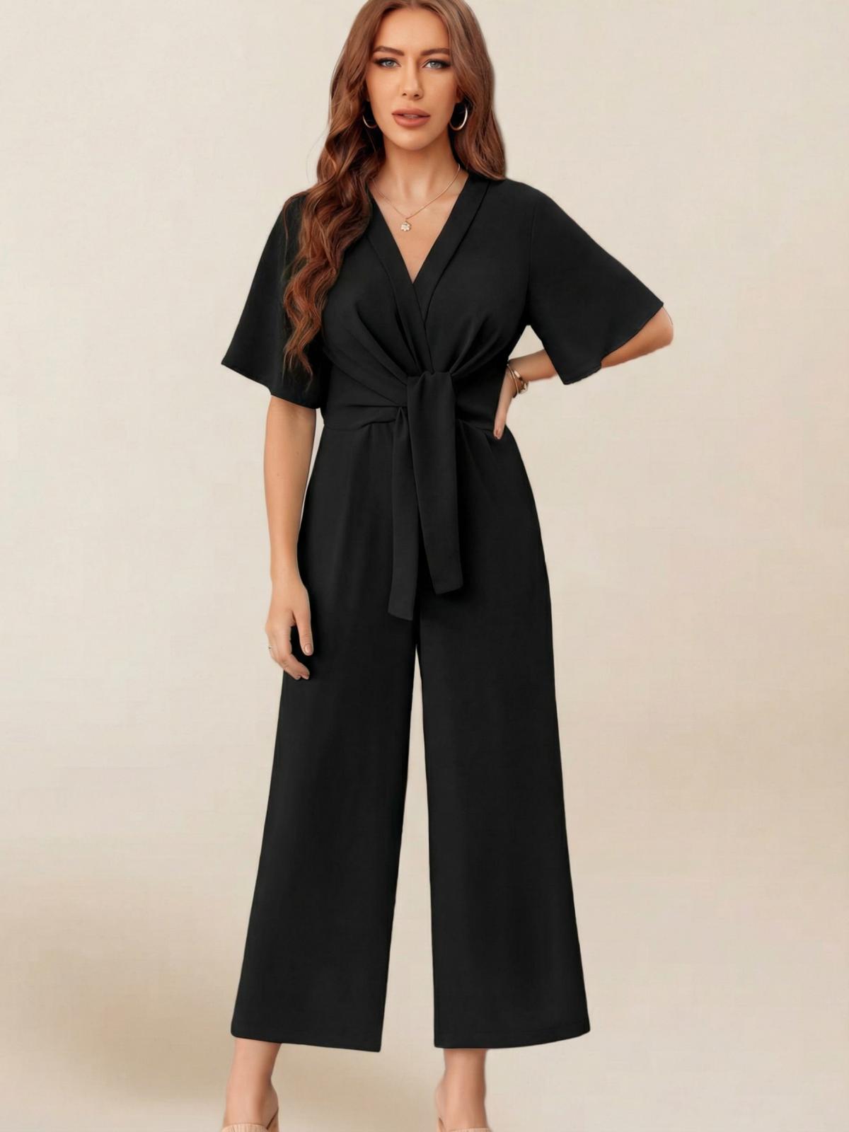 Imily Bela Women's Elegant V Neck Jumpsuits Dressy Casual Short Sleeve Wide Leg Long Pants Rompers
