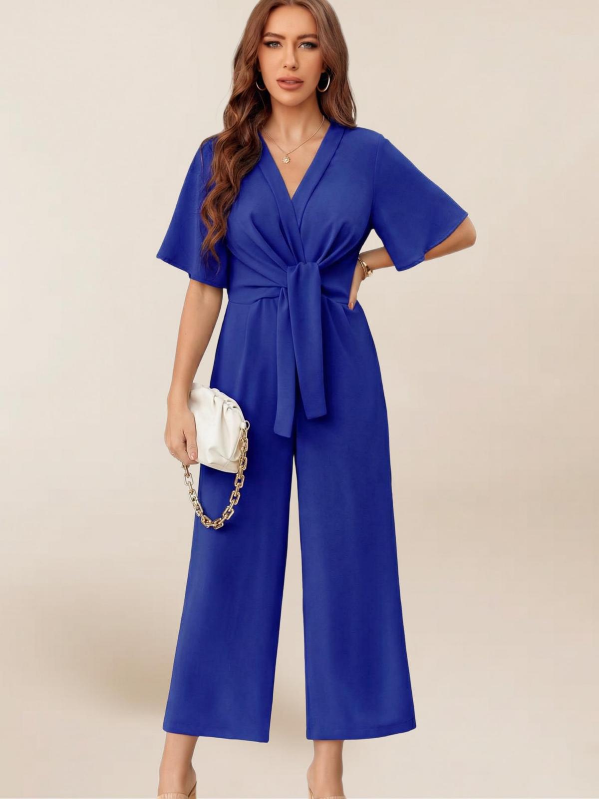 Imily Bela Women's Elegant V Neck Jumpsuits Dressy Casual Short Sleeve Wide Leg Long Pants Rompers