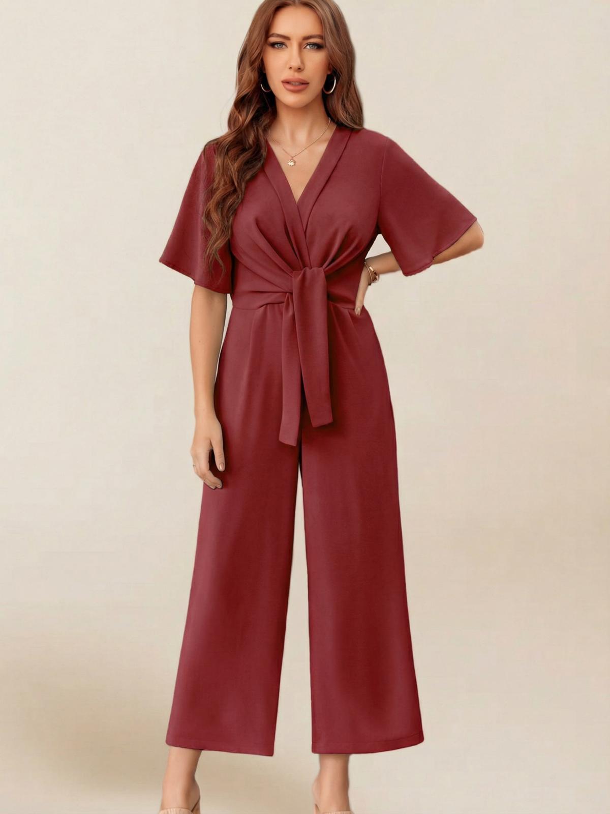 Imily Bela Women's Elegant V Neck Jumpsuits Dressy Casual Short Sleeve Wide Leg Long Pants Rompers