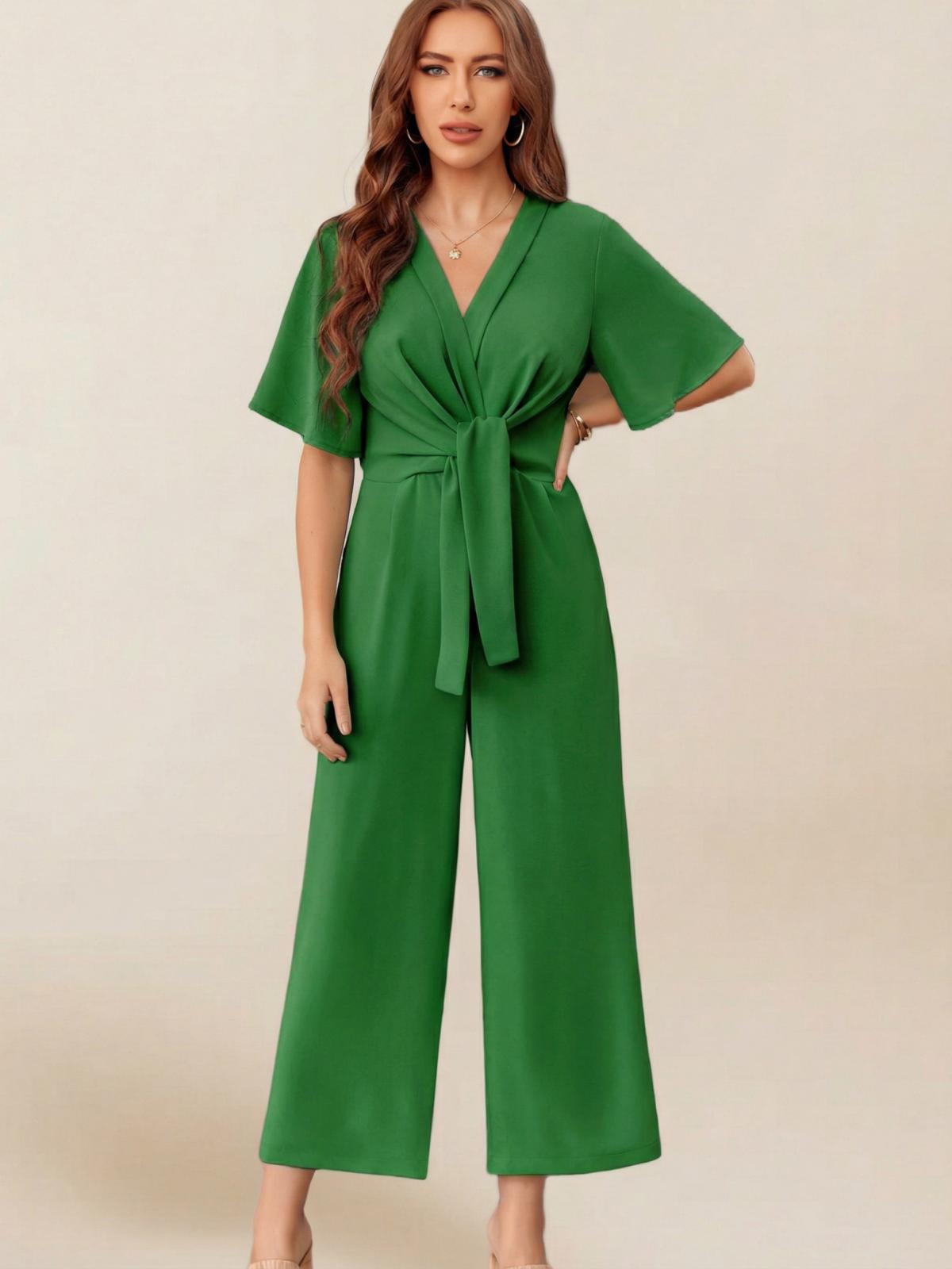 Imily Bela Women's Elegant V Neck Jumpsuits Dressy Casual Short Sleeve Wide Leg Long Pants Rompers