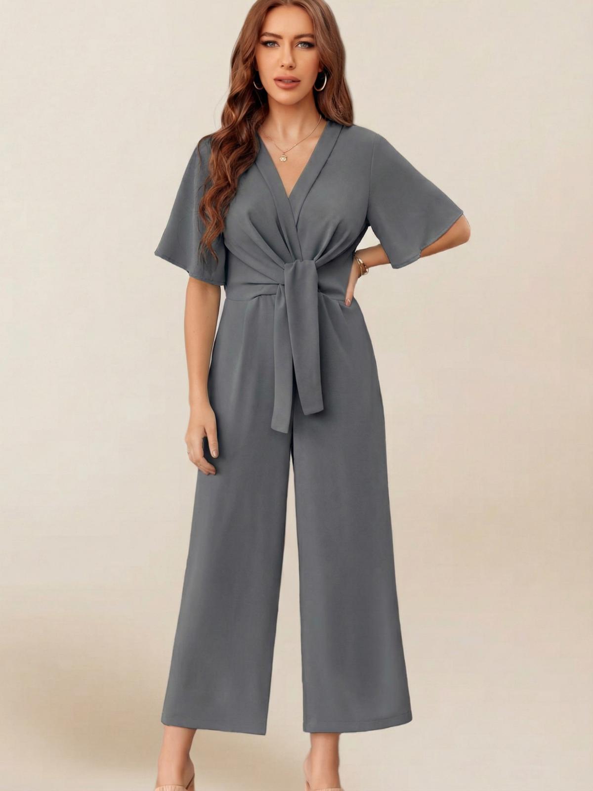 Imily Bela Women's Elegant V Neck Jumpsuits Dressy Casual Short Sleeve Wide Leg Long Pants Rompers
