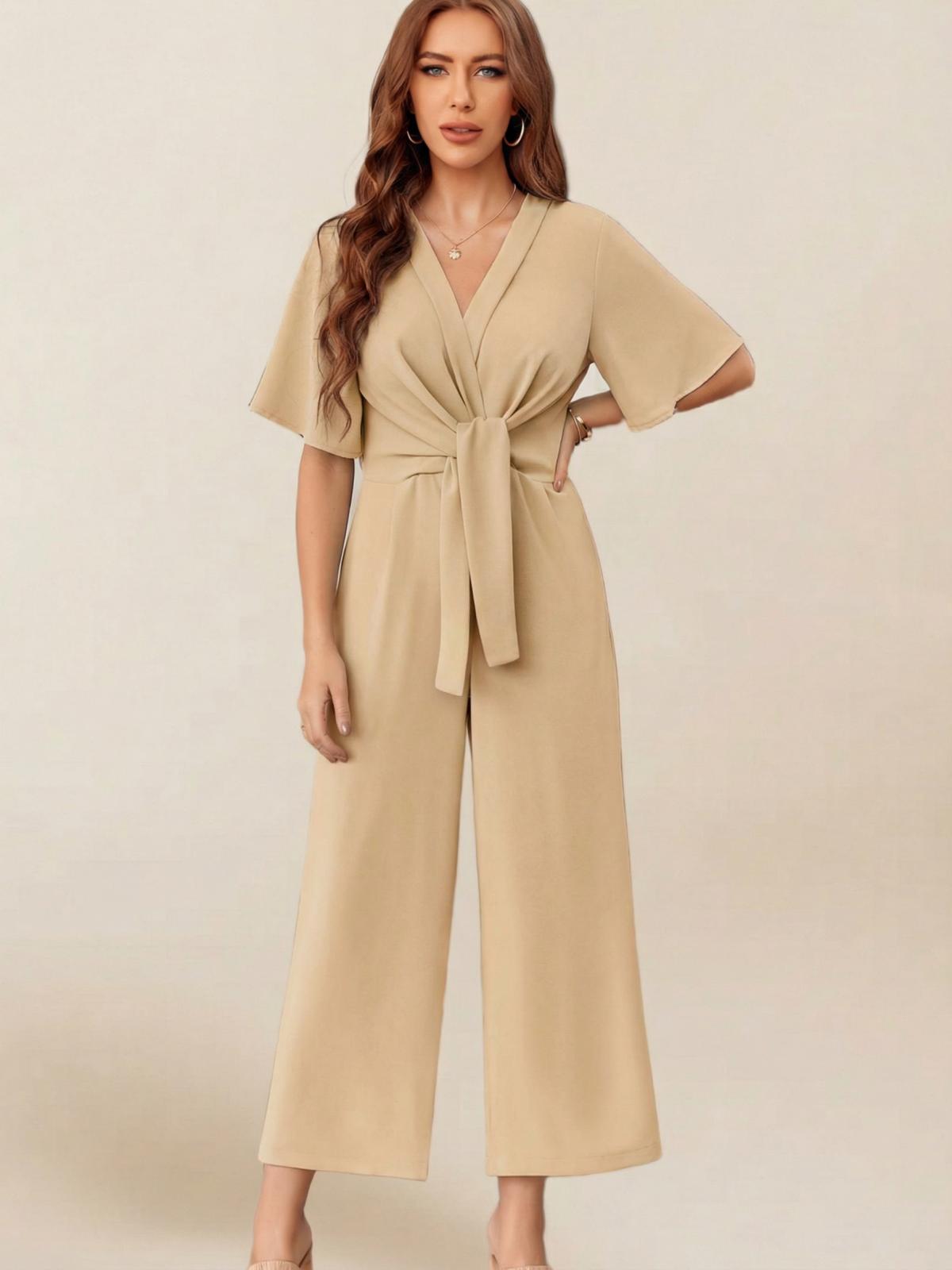 Imily Bela Women's Elegant V Neck Jumpsuits Dressy Casual Short Sleeve Wide Leg Long Pants Rompers