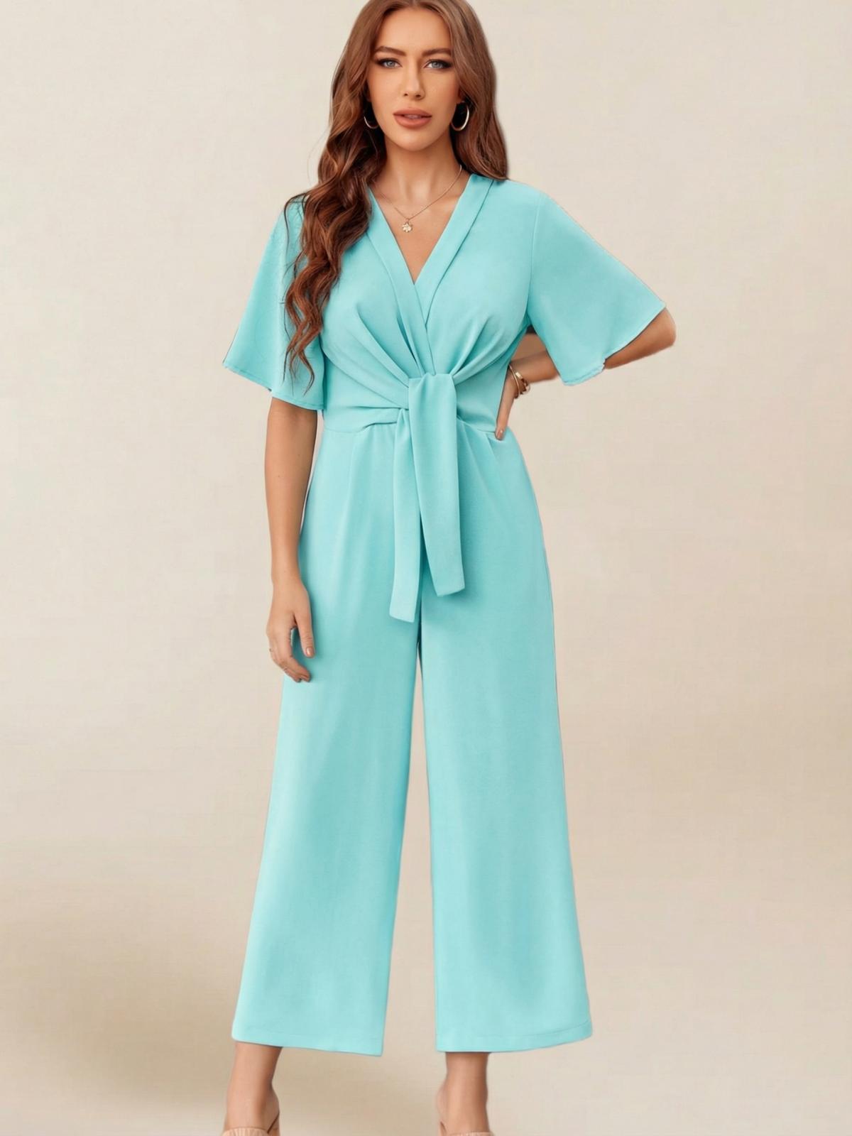 Imily Bela Women's Elegant V Neck Jumpsuits Dressy Casual Short Sleeve Wide Leg Long Pants Rompers