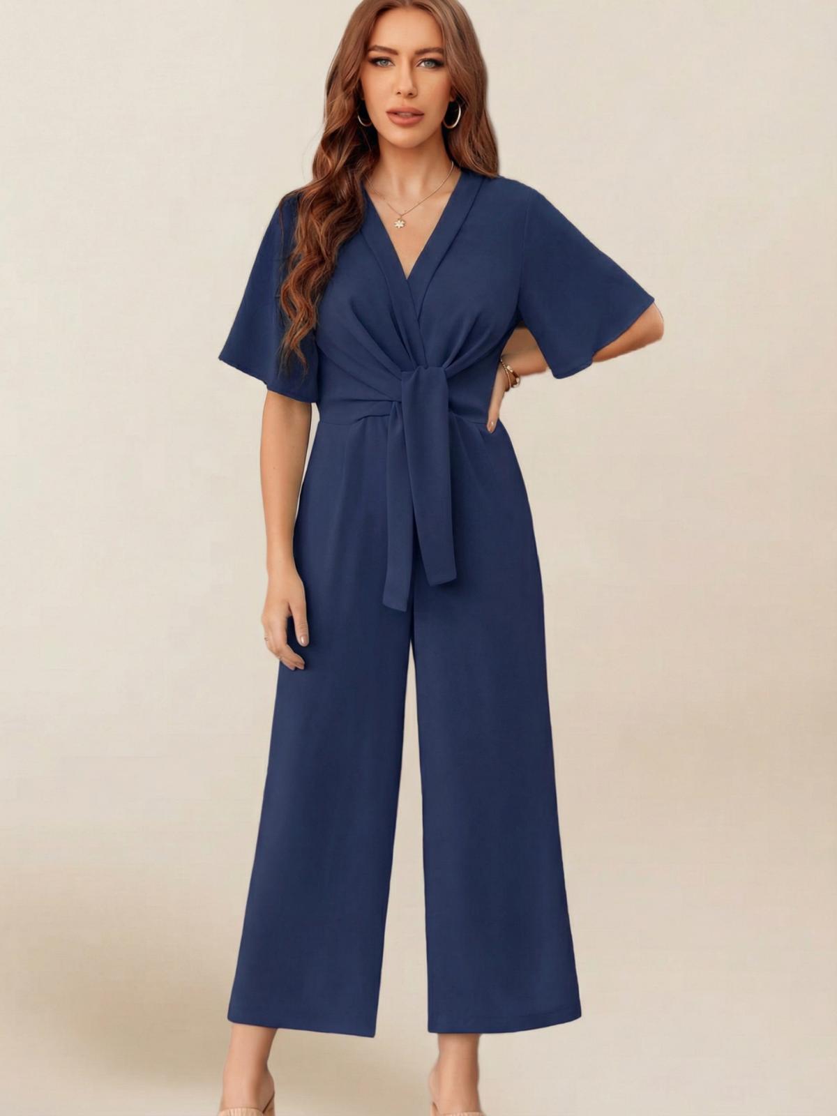 Imily Bela Women's Elegant V Neck Jumpsuits Dressy Casual Short Sleeve Wide Leg Long Pants Rompers