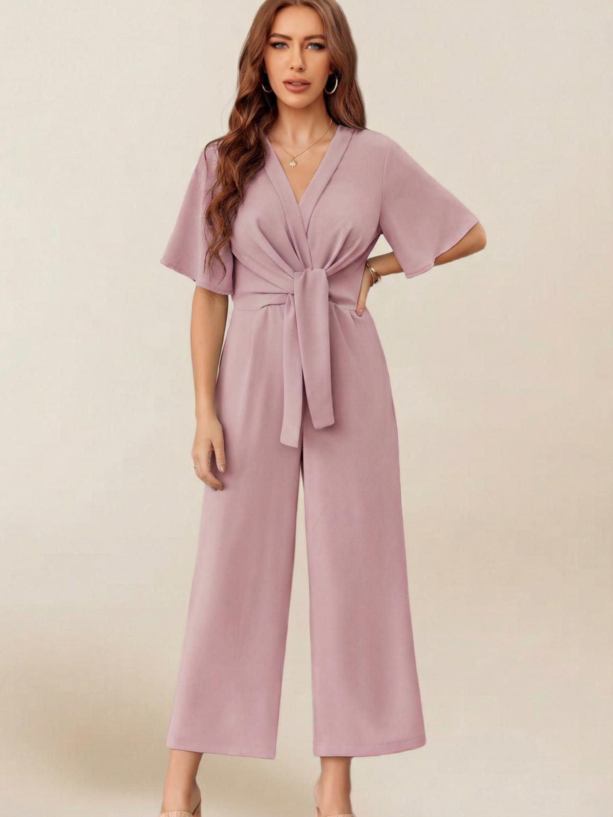 Imily Bela Women's Elegant V Neck Jumpsuits Dressy Casual Short Sleeve Wide Leg Long Pants Rompers