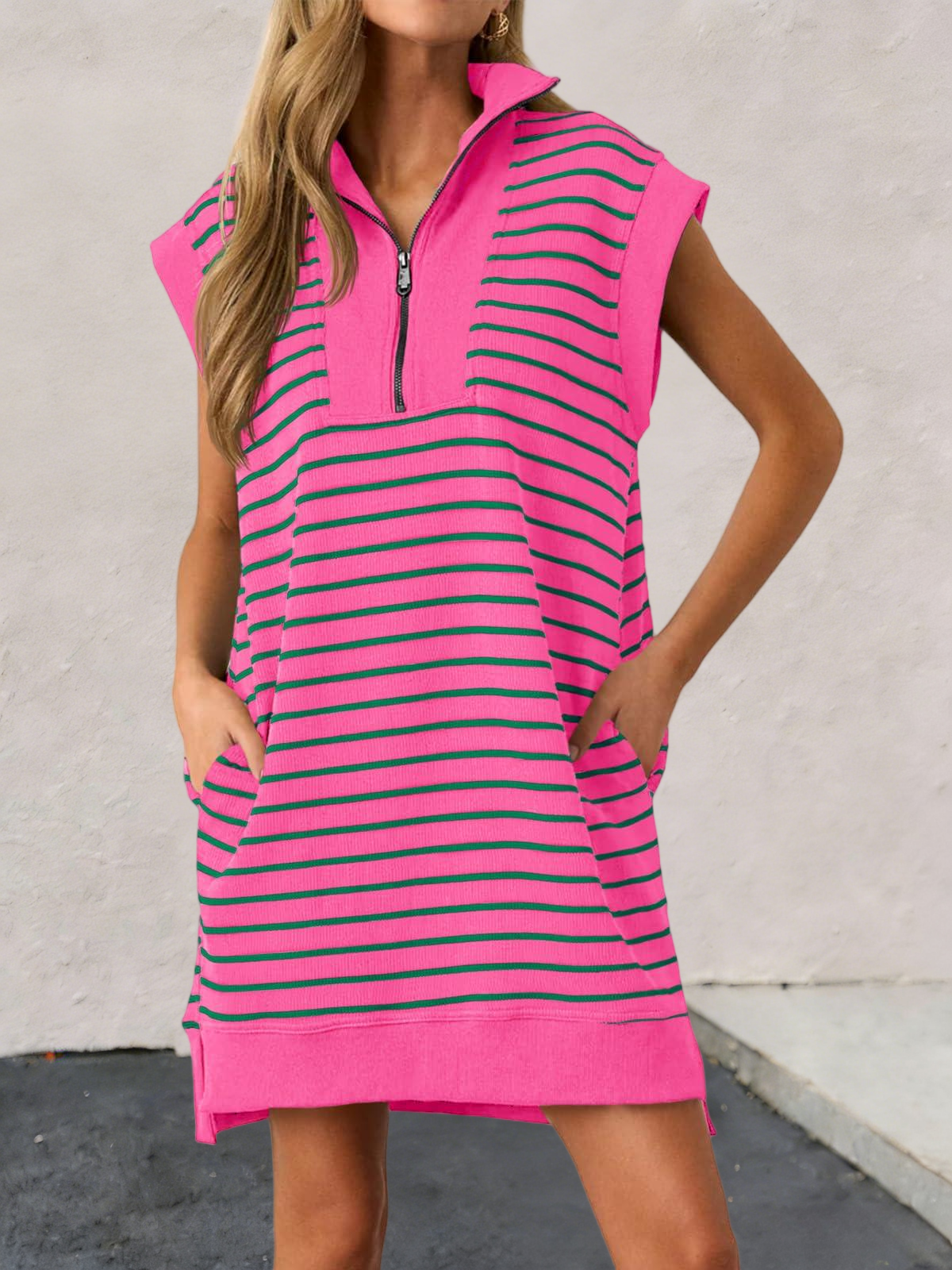 Imily Bela Womens Striped Mini Dress Casual Zipper Cap Sleeve Collared V Neck Loose Knit Summer Dresses