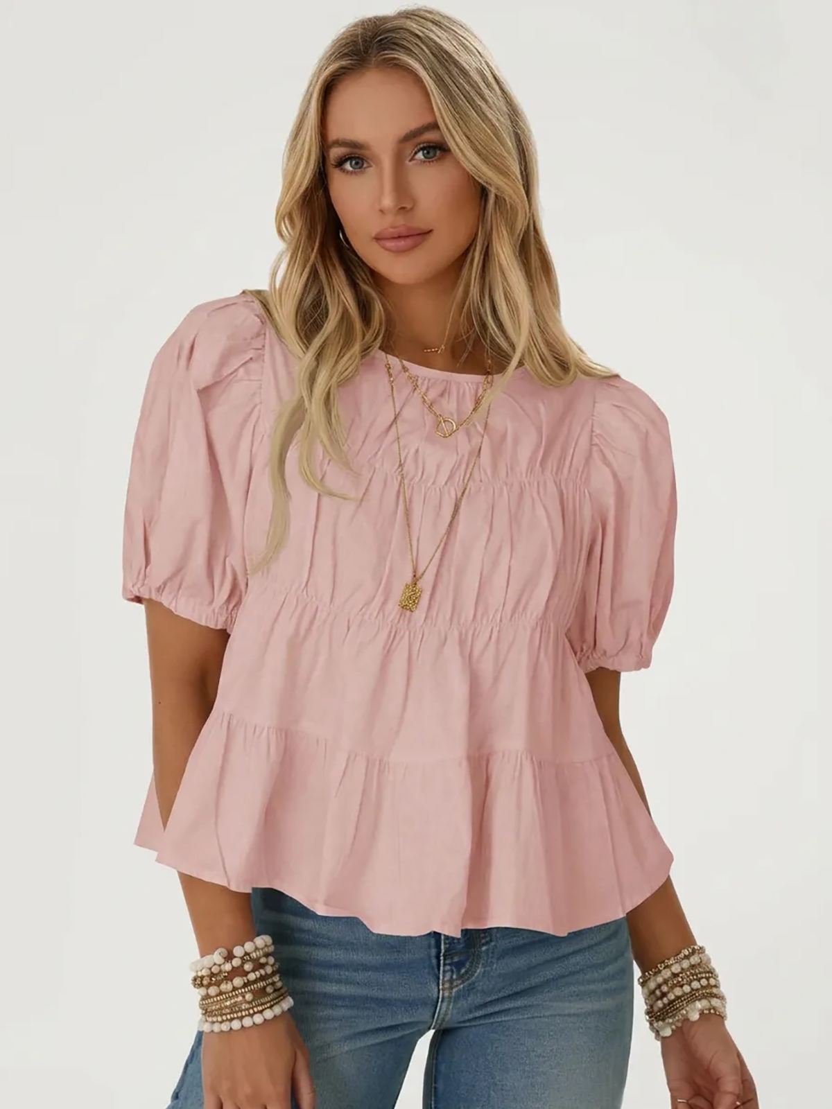 Womens Puff Sleeve Peplum Babydoll Tops Summer Flowy Pleated Cotton T-Shirts Casual Loose Fit Cute Blouse