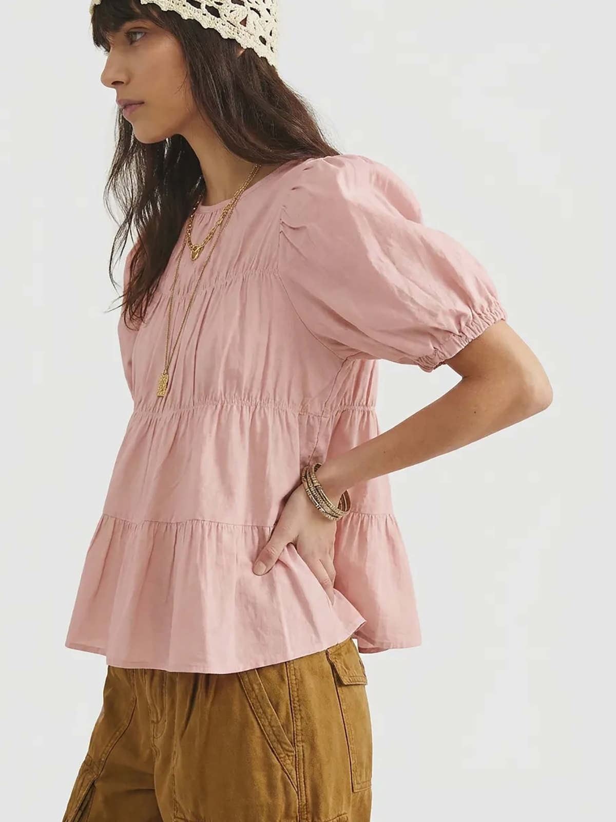 Womens Puff Sleeve Peplum Babydoll Tops Summer Flowy Pleated Cotton T-Shirts Casual Loose Fit Cute Blouse