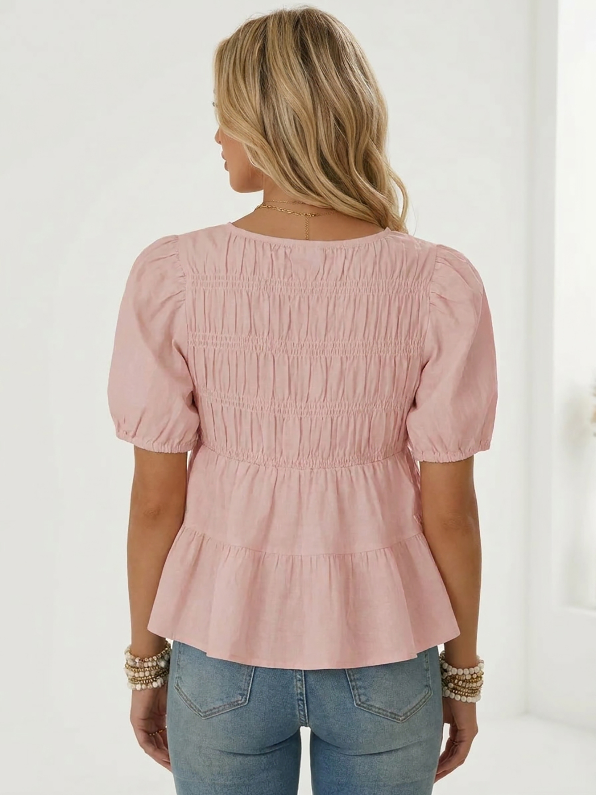 Womens Puff Sleeve Peplum Babydoll Tops Summer Flowy Pleated Cotton T-Shirts Casual Loose Fit Cute Blouse