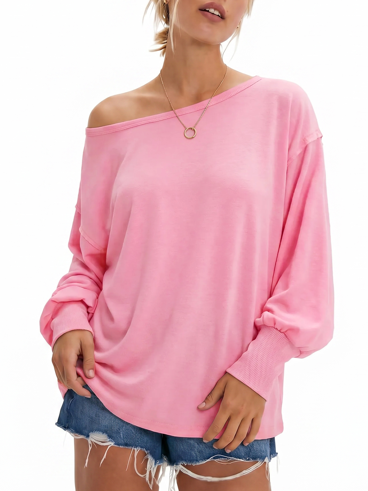 Wide-Neck Slouchy Ribbed-Cuff Top