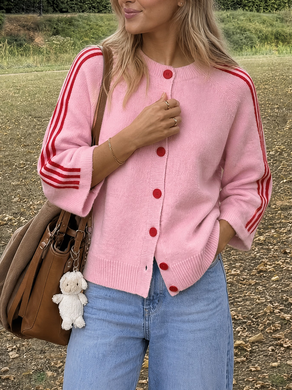 Women Striped 3/4 Sleeve Knit Cardigan