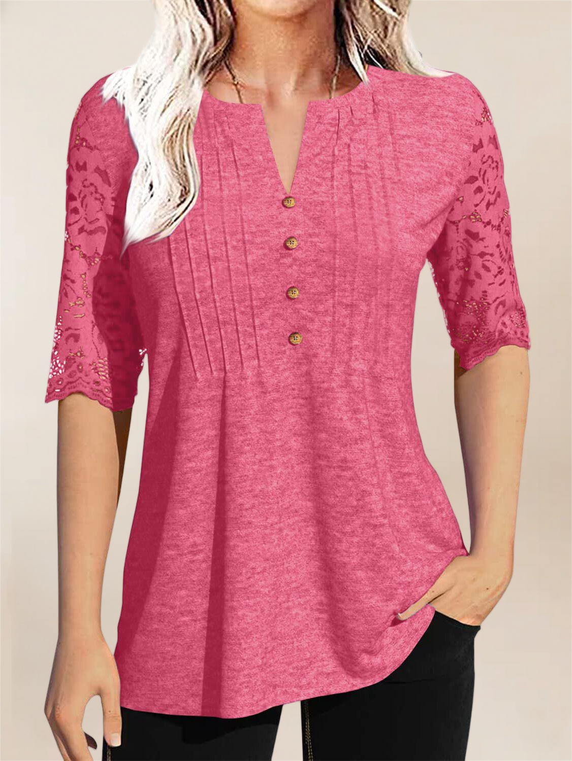 Imily Bela Womens Summer Tops Pleated Button Down Short Sleeve T-Shirt V-Neck Casual Lace Blouse
