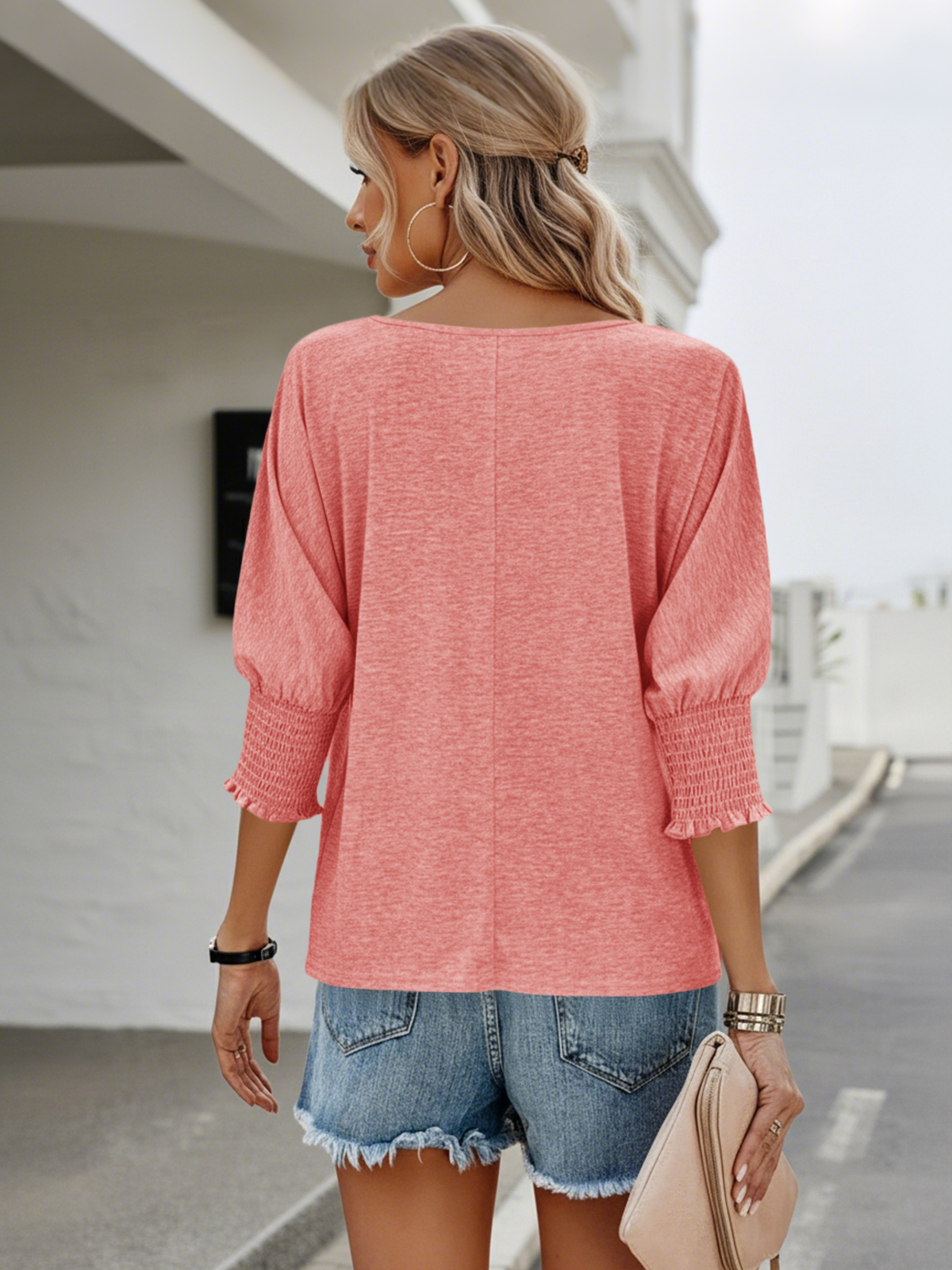 Imily Bela Women's 3/4 Sleeve Casual Tops Solid Color Crew Neck Loose Fit Shirts Blouses