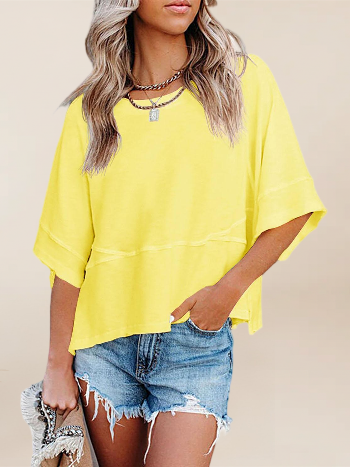 Imily Bela Womens Oversized T Shirts Summer Casual Crewneck 3/4 Sleeve Loose Fit Cute Flowy Tops